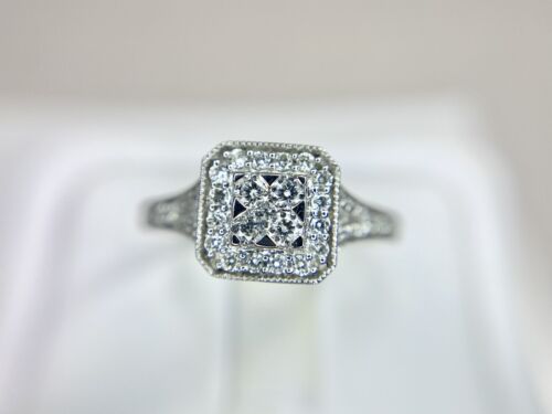 14k White Gold Natural Round Diamond Cluster Halo Engagement Ring