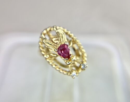 Vintage 14k Yellow Gold Pear Shape Rhodolite Garnet Round Diamond Fly Bug Ring