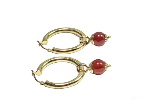 Vintage 14k Yellow Gold Round Red Gemstone Hallow Big Hoop Earrings