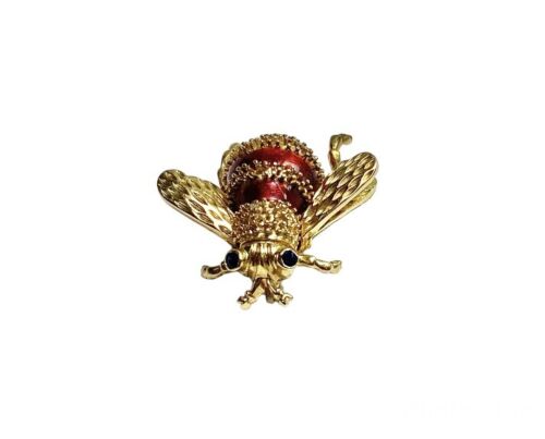 Vintage Yellow Gold 18k Red Enamel Blue Sapphire Handcrafted Bee Pin Brooch