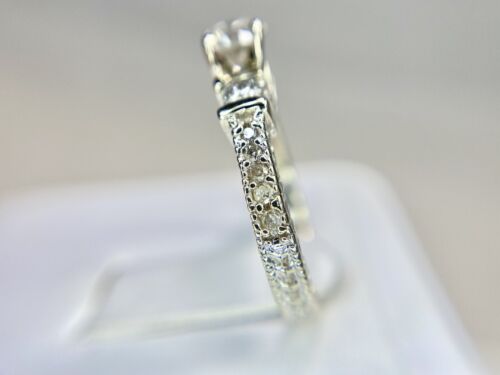 Vintage 14k White Gold Natural Round Brilliant Diamond Engraved Engagement Ring