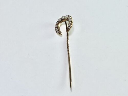 Victorian 10k Yellow Gold White Round Cultured Seed Pearl Horse Shoe Stick Pin