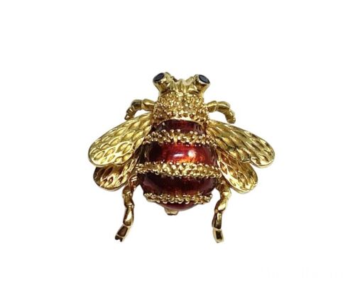 Vintage Yellow Gold 18k Red Enamel Blue Sapphire Handcrafted Bee Pin Brooch