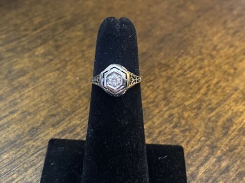 Vintage Art Deco 14k White Gold Natural Old European Diamond Filigree Ring