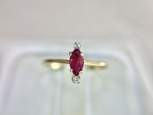 Vintage 14k Yellow Gold Natural Marquise Rhodolite Garnet Round Diamond Ring