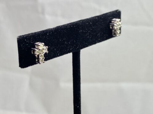 14k White Gold Natural Round Brilliant Diamond Religious Cross Stud Earrings