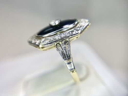 Art Deco 14k White Gold Round Diamond Black Onyx Filigree Cocktail Ring