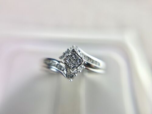 10k White Gold Designer Princess Cut Round Diamond Enhancer Engagement Ring Set