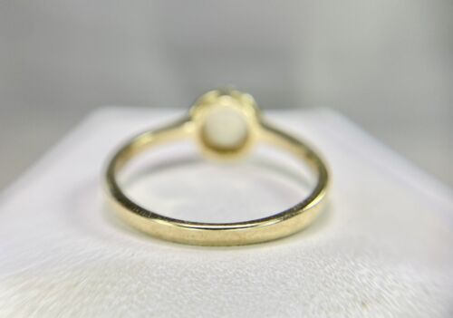 Vintage 14k Yellow Gold Natural Round White Opal Diamond Halo Bezel Set Ring