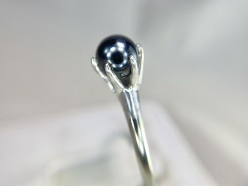 Vintage 10k White Gold Round Black Tahitian Cultured Pearl Solitaire Ring