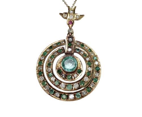 Vintage 14k Rose Gold Natural Green Emerald Round Diamond Pendant Necklace