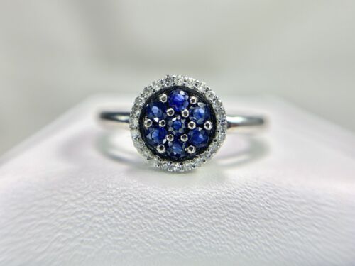 10k White Gold Designer Natural Round Blue Sapphire Diamond Halo Cocktail Ring