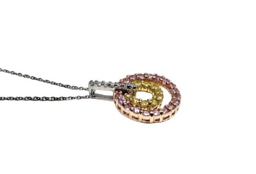 14k White Gold Natural Pink Topaz Round Diamond Circle Pendant Necklace