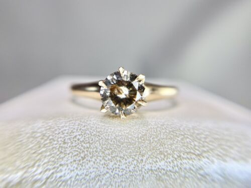 Vintage 10k Yellow Gold Natural Fancy Brown Color Round Diamond Engagement Ring