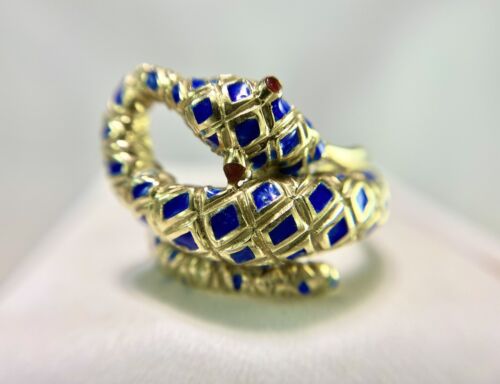 Vintage Art Deco 14k Yellow Gold Handcrafted Blue Enamel Red Ruby Snake Ring