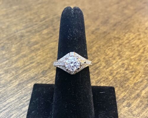 Vintage 18k White Gold Natural Baguette Cut Round Diamond Engagement Ring