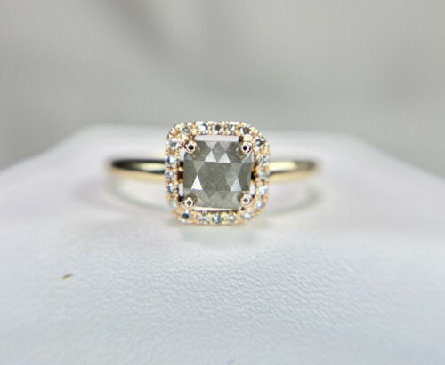 14k Yellow Gold Designer Cushion Cut Rustic Gray Diamond Halo Engagement Ring