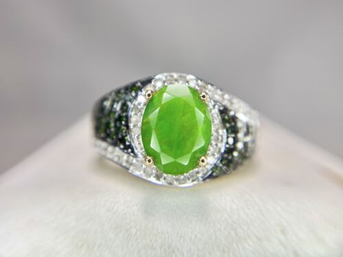 10k Yellow Gold Designer Oval Green Stone Round Blue Diamond Cocktail Ring