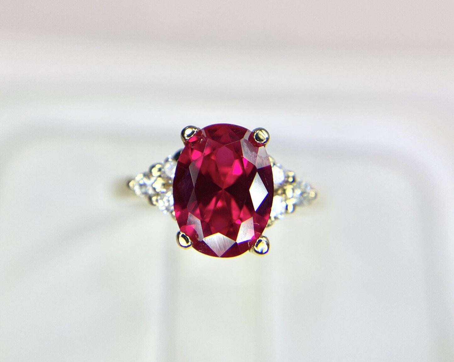 Vintage 14k Yellow Gold Oval Shape Red Ruby Round Classic Diamond Ring