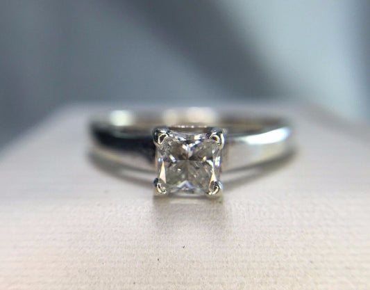 14k White Gold Square Princess Cut Natural Diamond Solitaire Engagement Ring