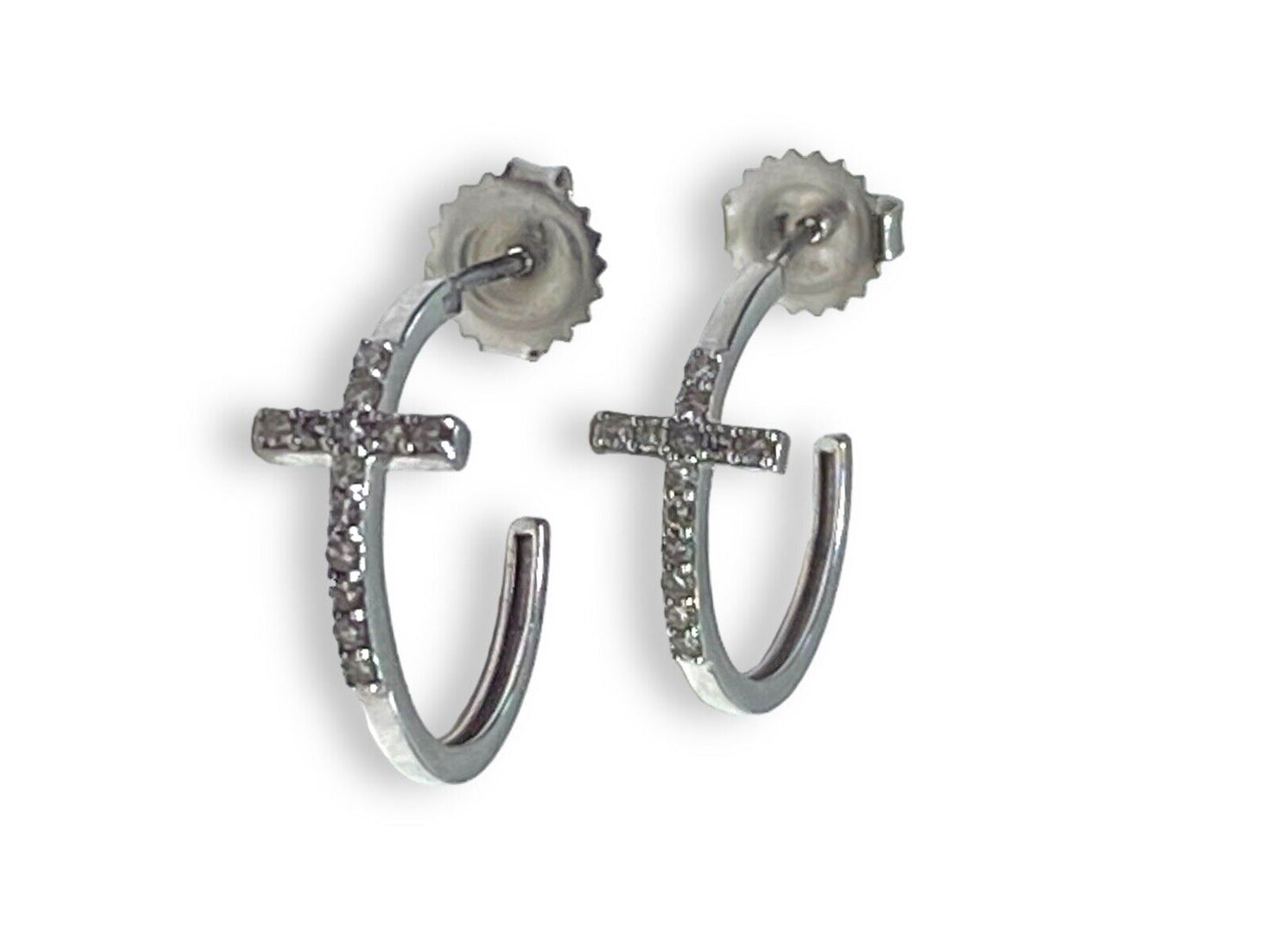 14k White Gold Natural Round Diamond Cross Hoop Earrings