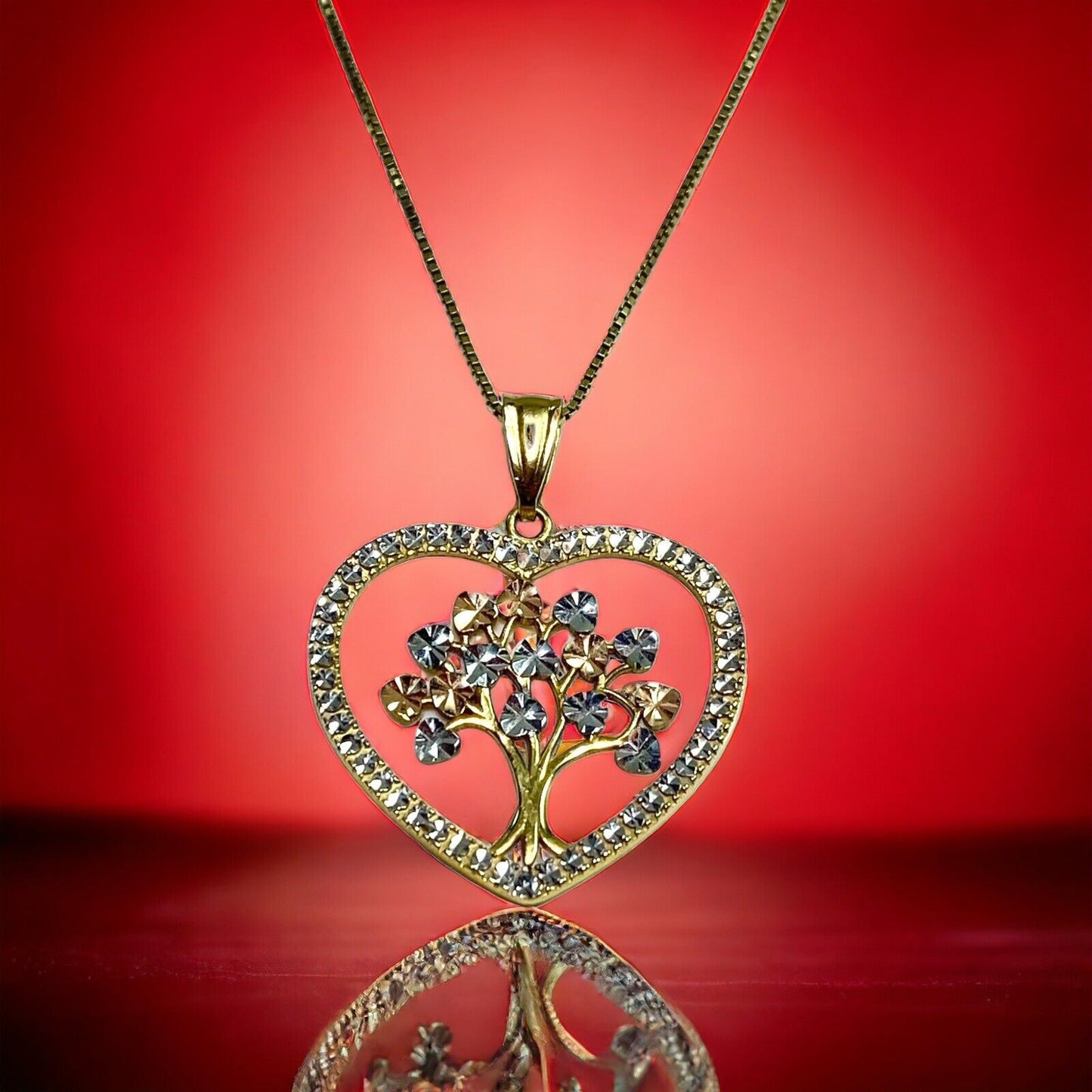 Vintage 14k Yellow Gold Heart Shape Tree Of Life Pendant Necklace