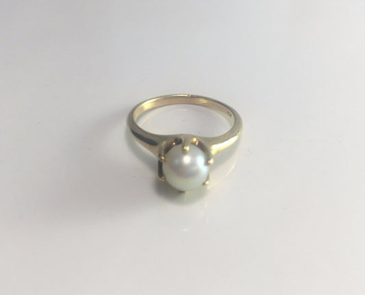 Estate 10k Yellow Gold Round White Cultured Pearl Solitaire Ring 6mm