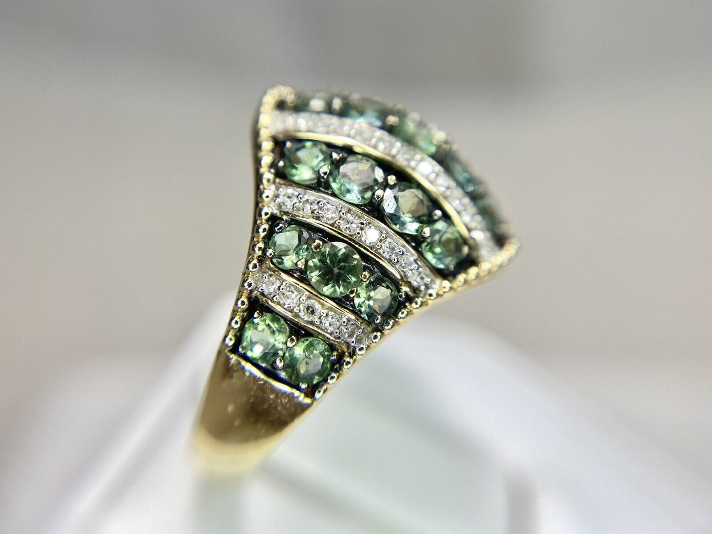 14k Yellow Gold Designer Signed Round Green Garnet Diamond Cocktail Ring