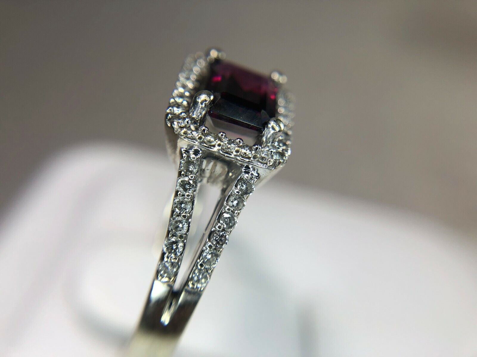 14k White Gold Round Diamond Emerald Cut Rhodolite Garnet East West Halo Ring