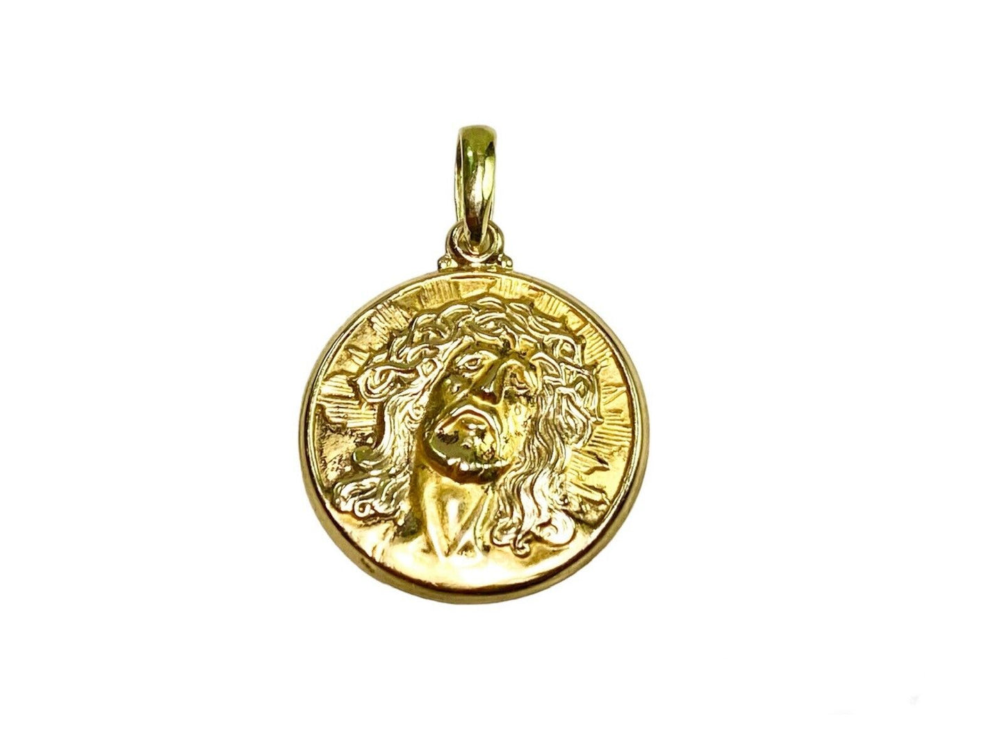 14k Yellow Gold Handcrafted Jesus Head Round Pendant