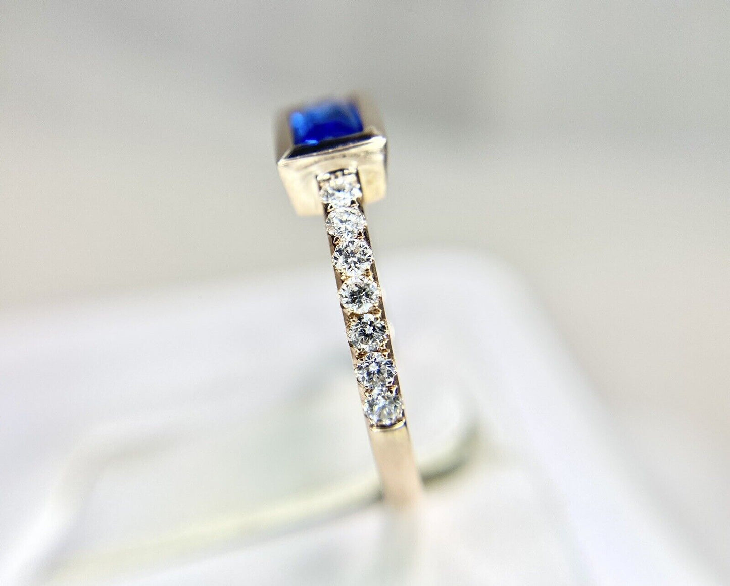 14k Rose Gold Emerald Cut Blue Sapphire Round Diamond Bezel Set Ring