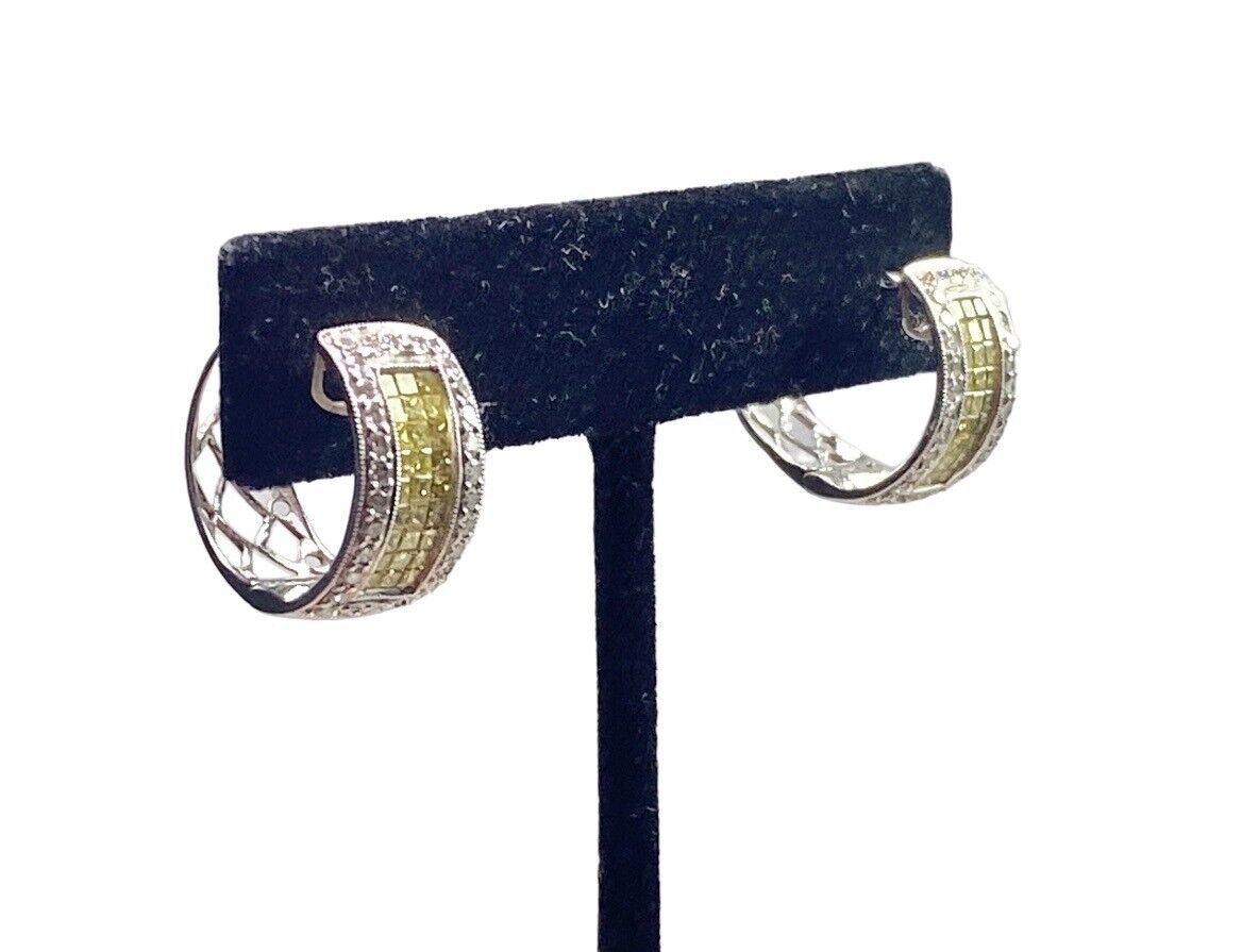 14k White Gold Natural Fancy Yellow Princess Cut Round Diamond Earrings