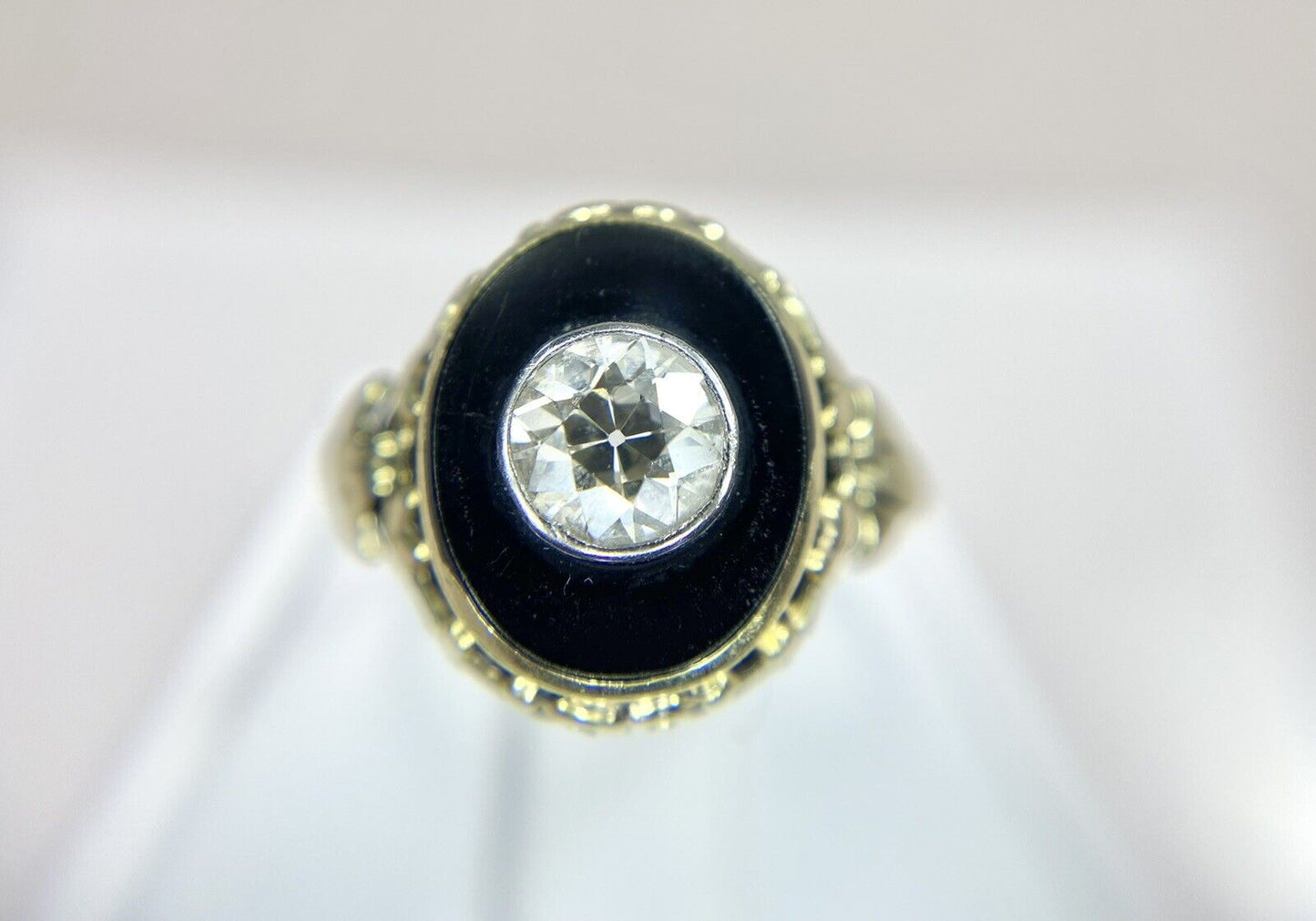 Art Deco 14k Yellow Gold Natural Old European Bezel Set Onyx Engagement Ring