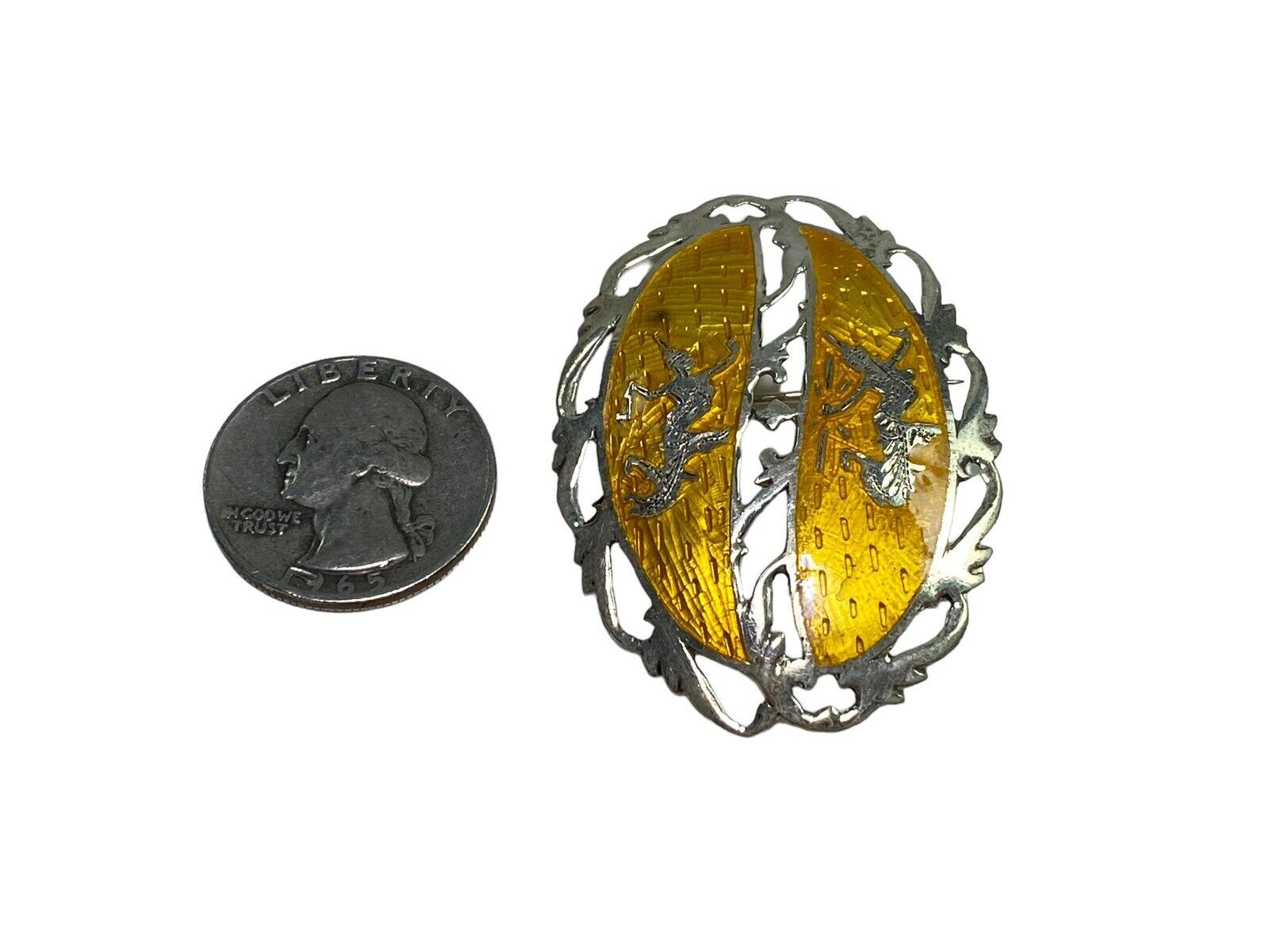 Vintage Sterling Silver Yellow Enamel Shield Brooch Pin