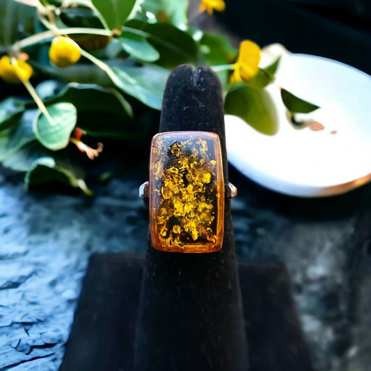 Vintage Sterling Silver Signed Rectange Amber Ring Size 7