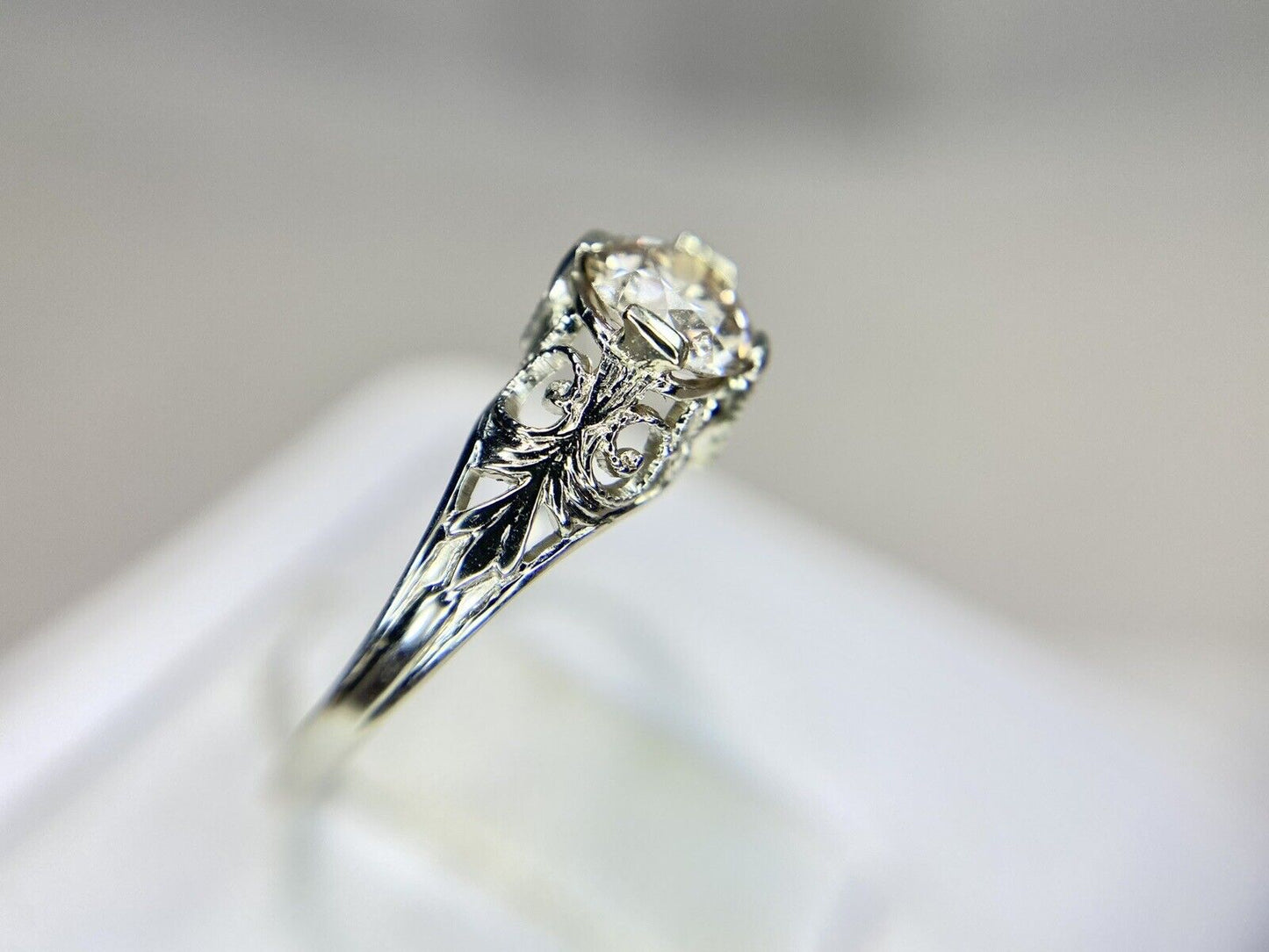 Art Deco 14k White Gold Natural Old European Diamond Filigree Engagement Ring