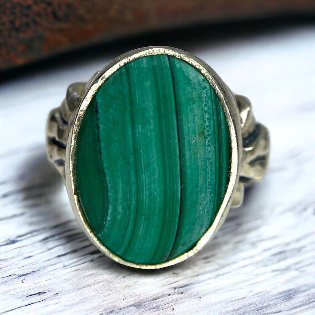 Vintage Sterling Silver Bezel Set Green Malachite Ring Size 6.5