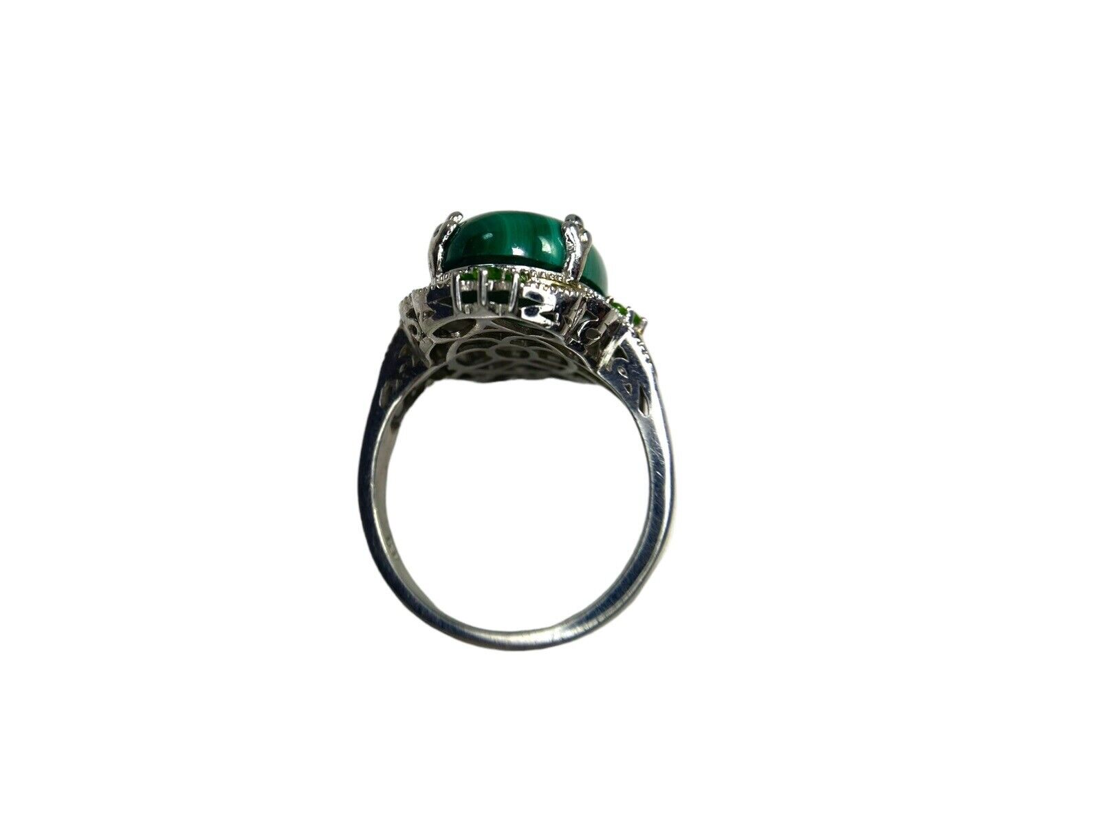 Vintage Sterling Silver Oval Green Malachite Big Cocktail Ring Size 10