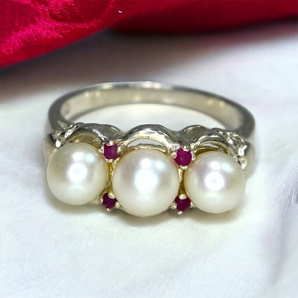 Vintage Sterling Round White Pearl Red Ruby Heart Ring Size 9