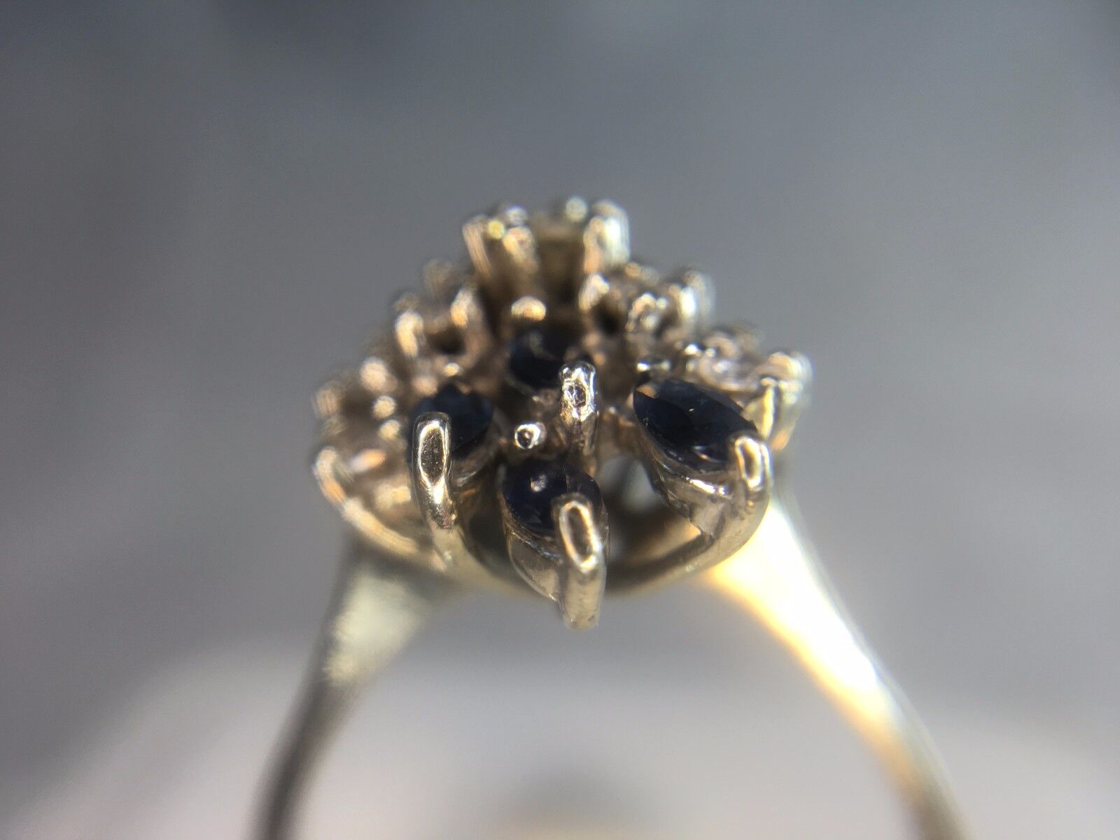 Estate Vintage 14k White Gold Round Diamond Marquise Blue Sapphire Cocktail Ring