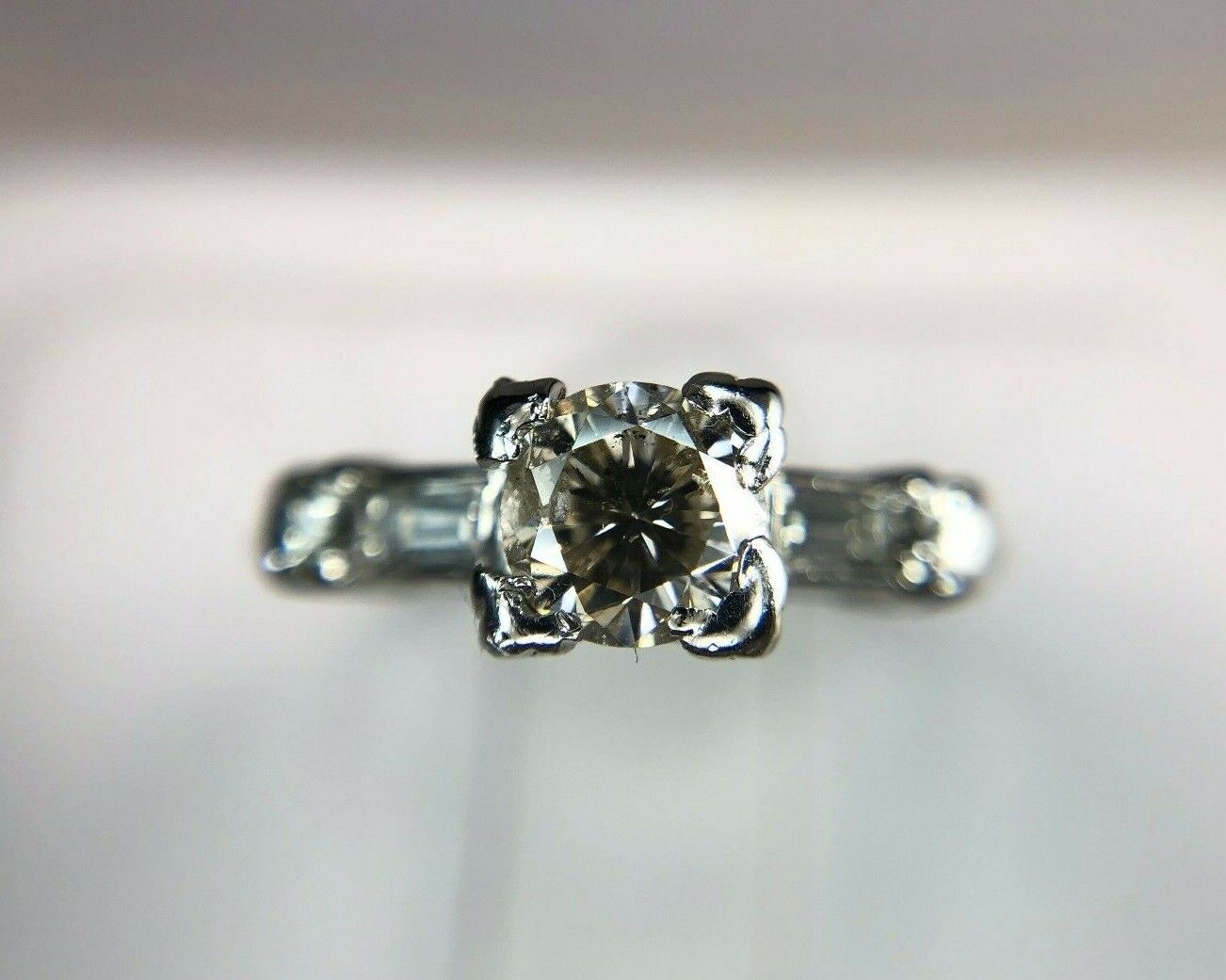 Vintage Platinum Natural Round Diamond Baguette Cut Engagement Ring