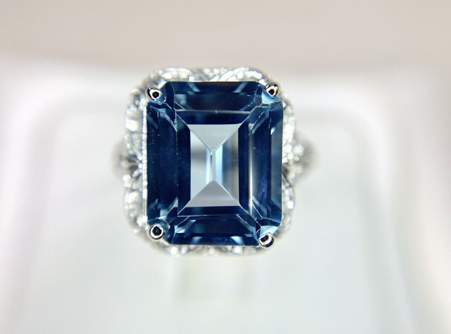 Vintage Art Deco 14k White Gold Emerald Cut Aquamarine Filigree Cocktail Ring