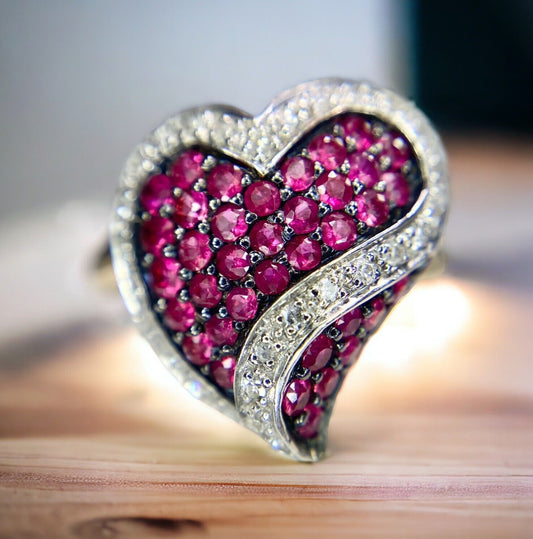 10k Yellow Gold Natural Pink Ruby Round Diamond Cluster Heart Cocktail Ring