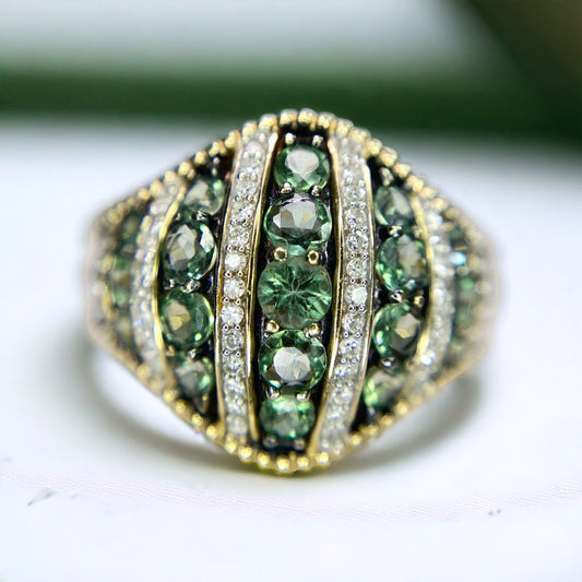 14k Yellow Gold Designer Signed Round Green Garnet Diamond Cocktail Ring