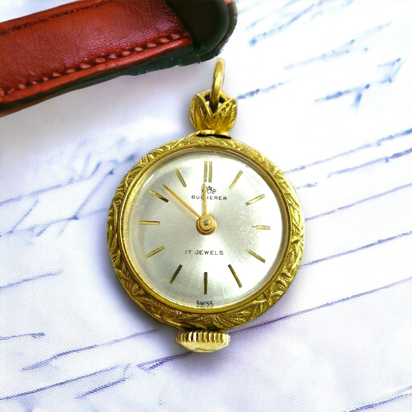 Vintage 14k Yellow Gold Bucherer Small Pocket Watch Engraved Pendant