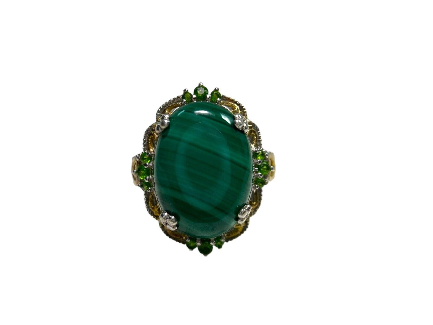 Vintage Sterling Silver Oval Green Malachite Big Cocktail Ring Size 10