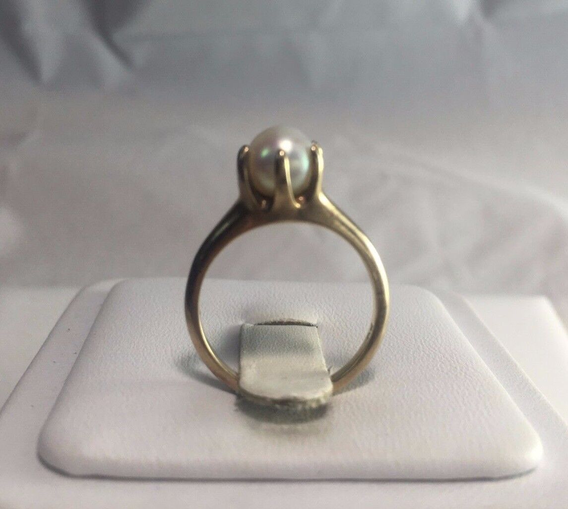 Estate 10k Yellow Gold Round White Cultured Pearl Solitaire Ring 6mm