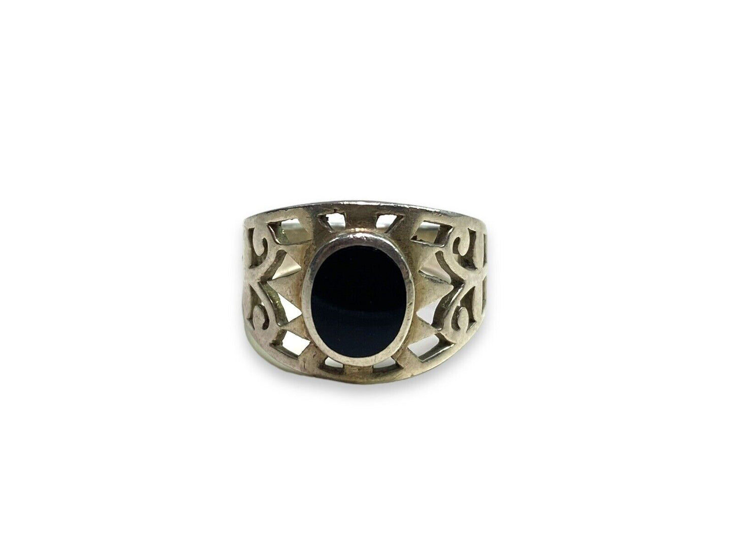 Vintage Sterling Silver Oval Black Onyx Bezel Set Filigree Ring Size 9