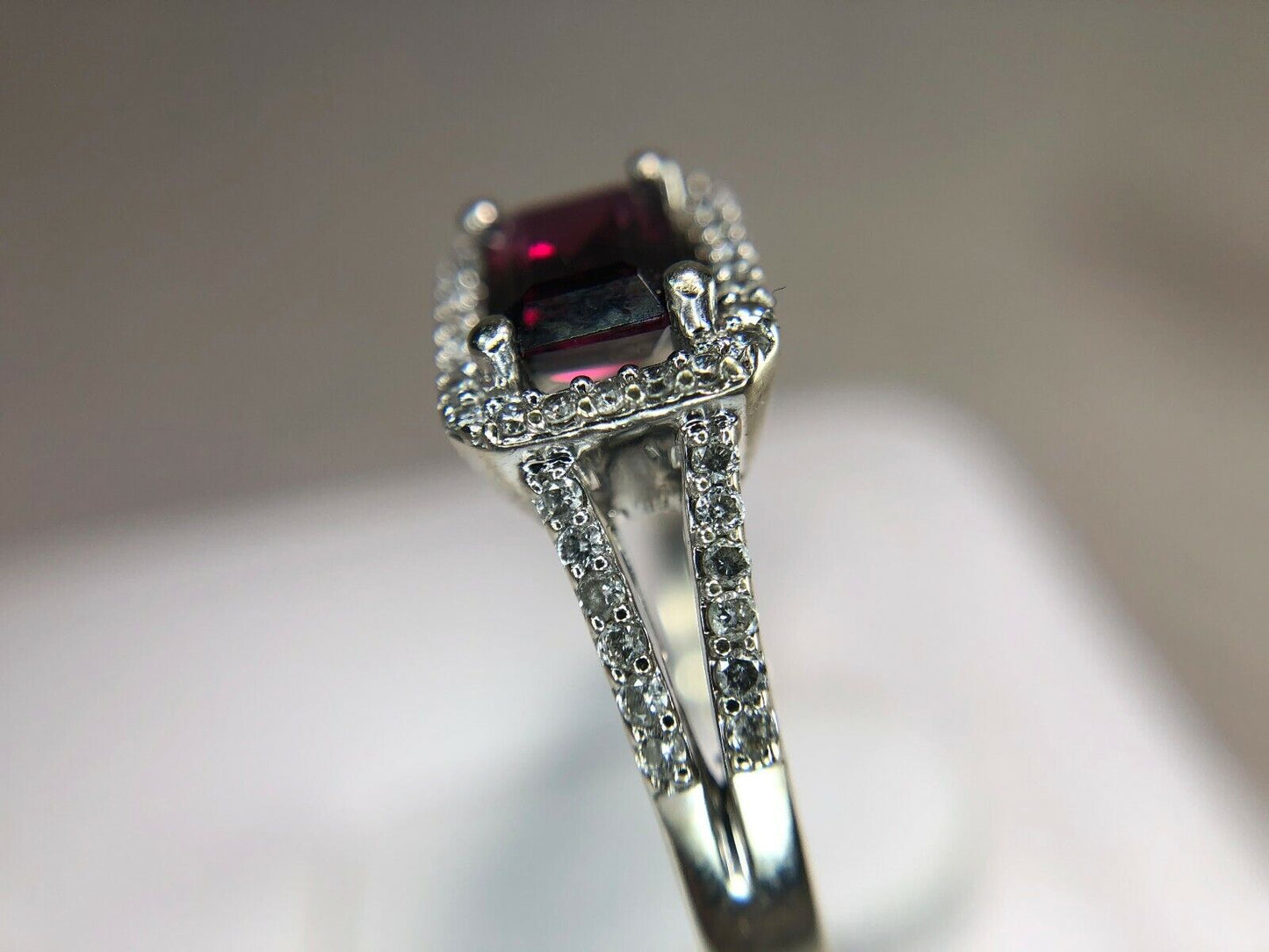 14k White Gold Round Diamond Emerald Cut Rhodolite Garnet East West Halo Ring