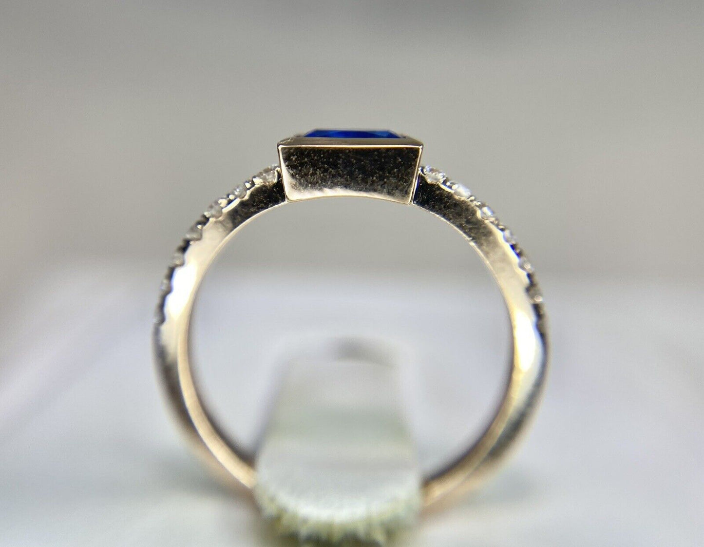 14k Rose Gold Emerald Cut Blue Sapphire Round Diamond Bezel Set Ring